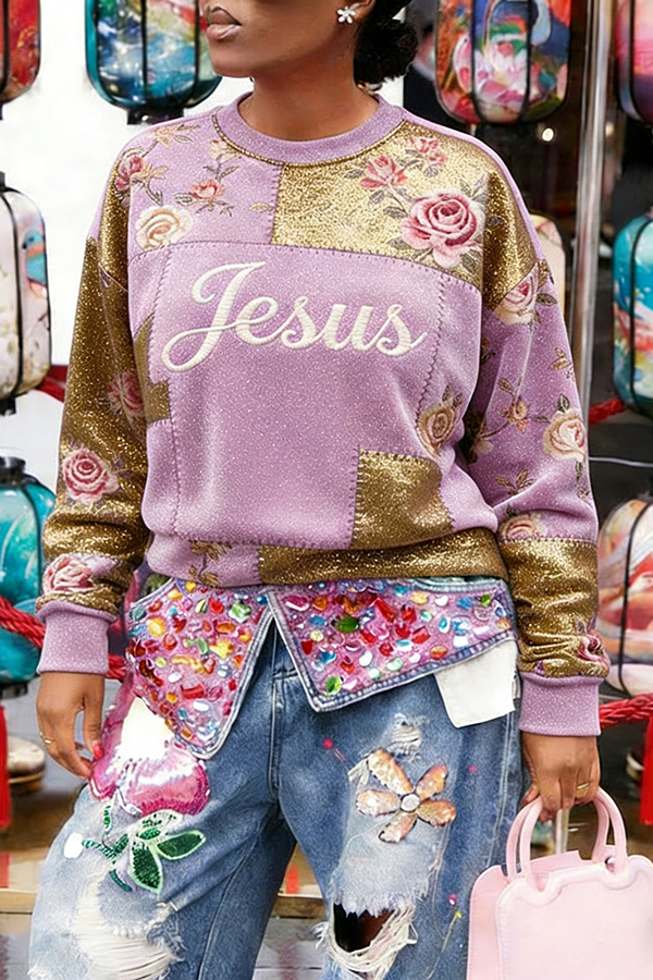 Stylish Colorblock Floral Jesus Embroidered Sweatshirt