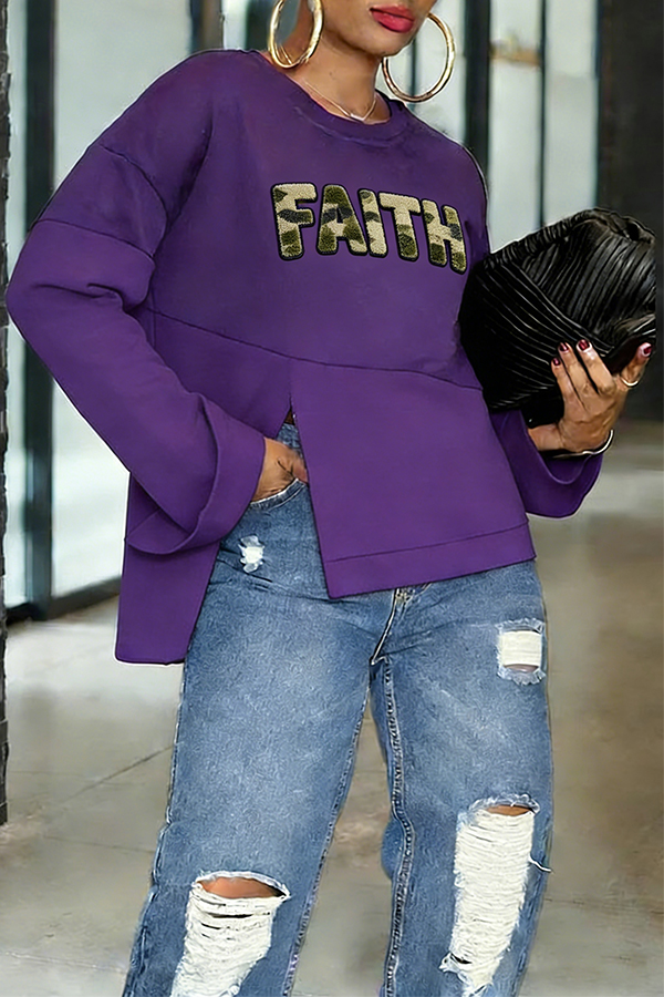 Faith Camouflage Chenille Embroidered Asymmetrical Sweatshirt