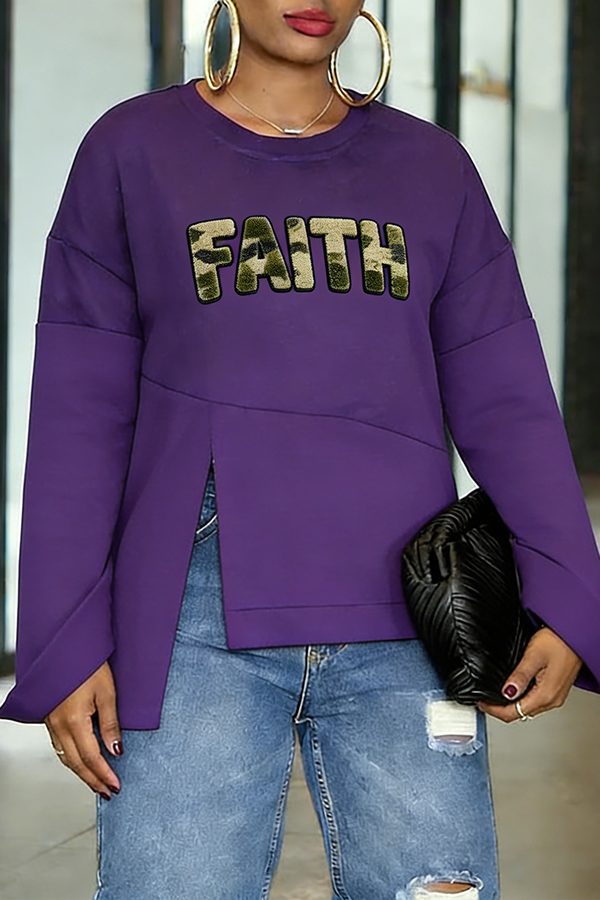 Faith Camouflage Chenille Embroidered Asymmetrical Sweatshirt