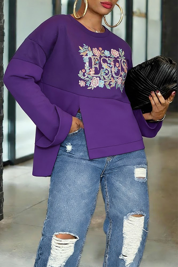 Jesus Floral Embroidery Asymmetrical Patchwork Sweatshirt