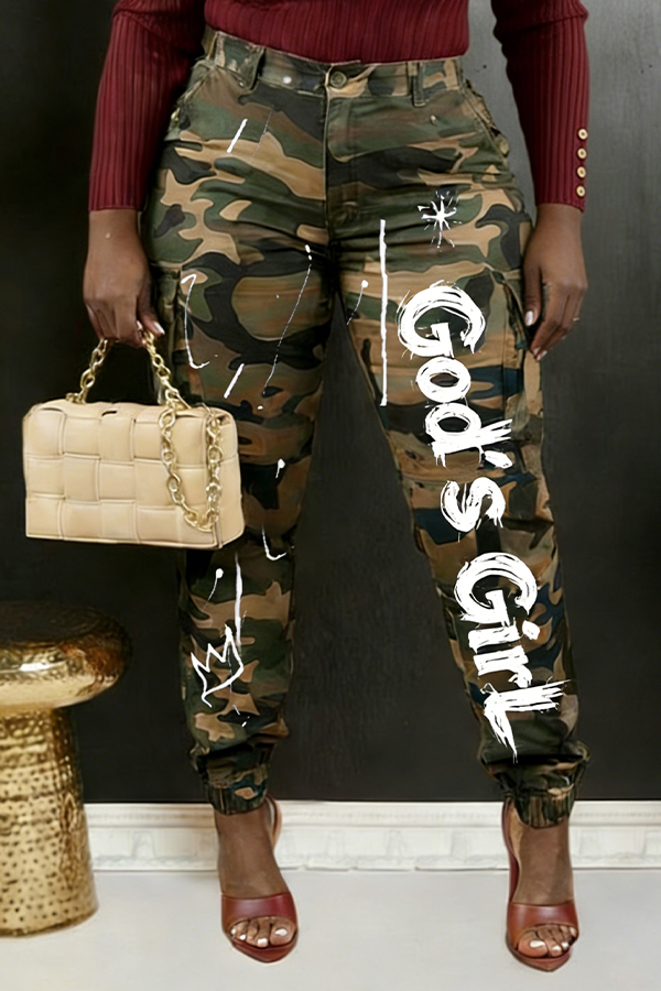 Stylish Slogan Print ColorBlock Camouflage Cargo Pants