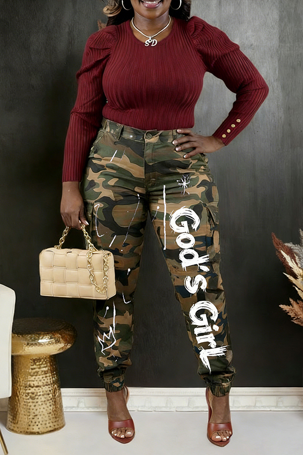 Stylish Slogan Print ColorBlock Camouflage Cargo Pants