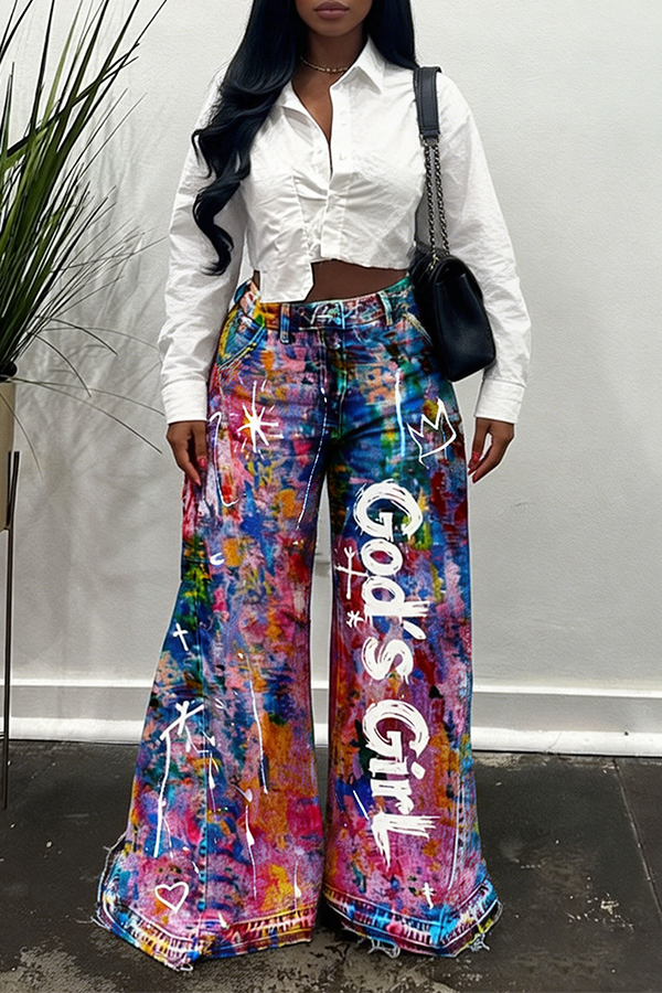 Stylish Allover Print Letter Graffiti Wide Leg Jeans
