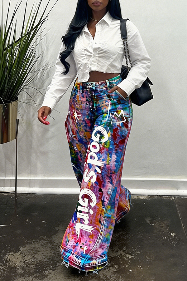 Stylish Allover Print Letter Graffiti Wide Leg Jeans