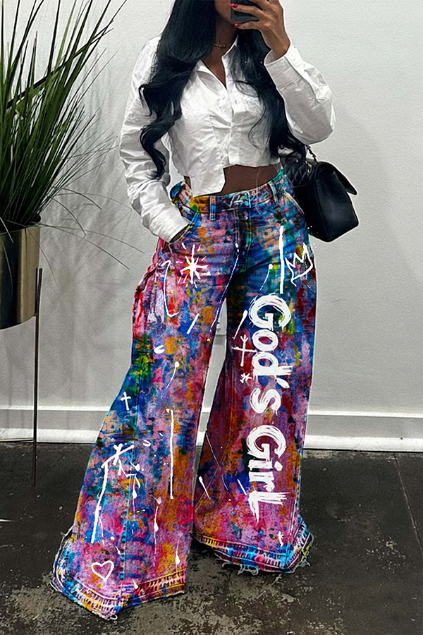 Stylish Allover Print Letter Graffiti Wide Leg Jeans
