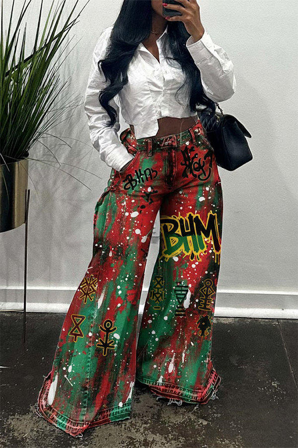 Street Black History Month Graffiti Print Straight Jeans