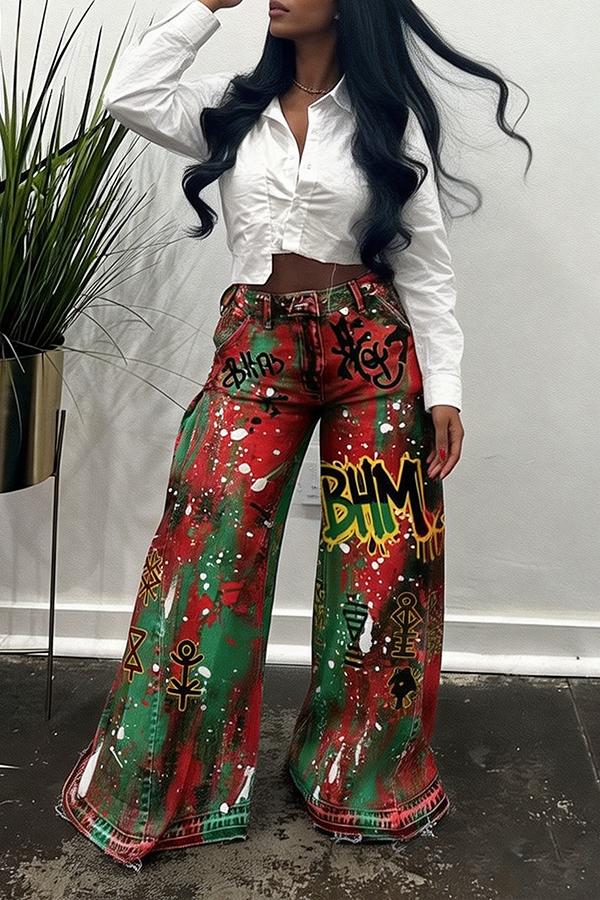 Street Black History Month Graffiti Print Straight Jeans