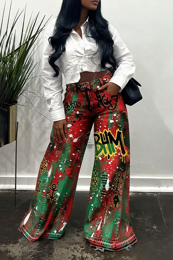 Street Black History Month Graffiti Print Straight Jeans