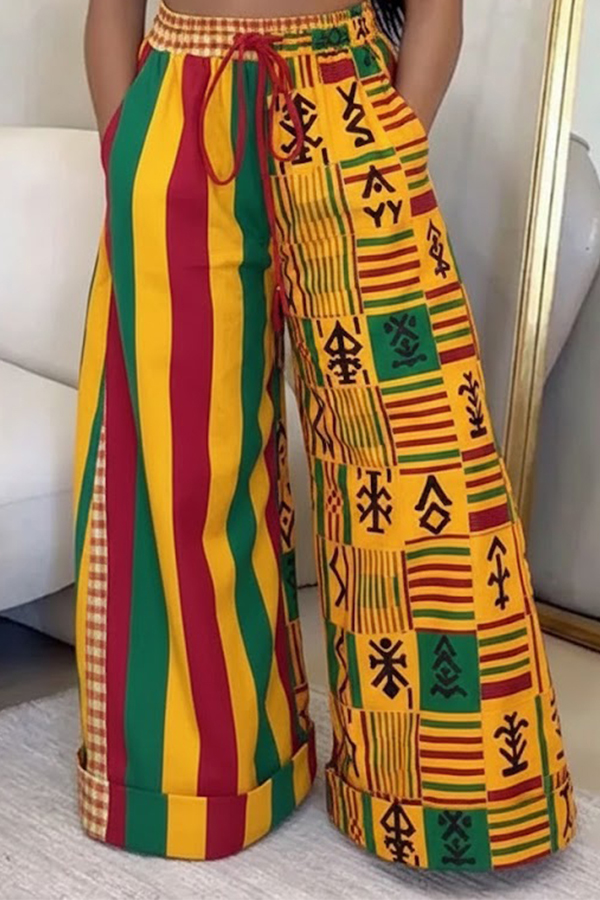 Black History Month Colorblock Adinkra Print Wide-leg Pants