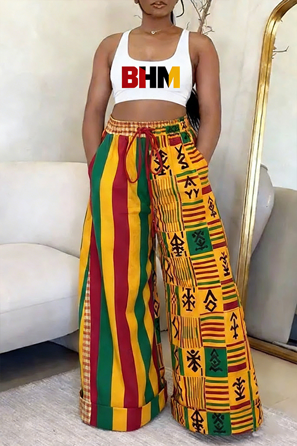 Black History Month Colorblock Adinkra Print Wide-leg Pants