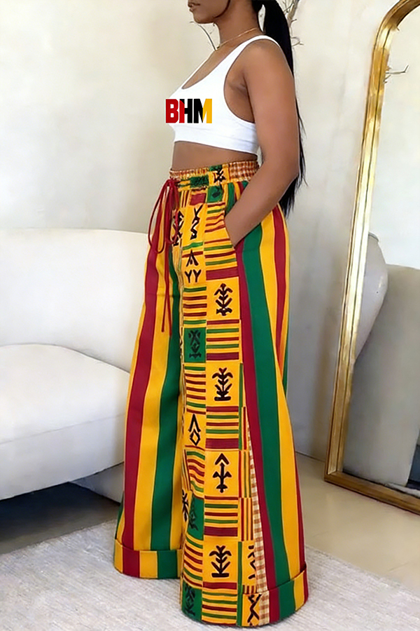 Black History Month Colorblock Adinkra Print Wide-leg Pants