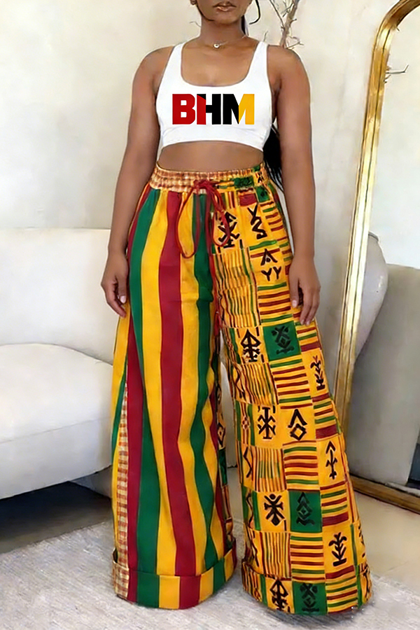Black History Month Colorblock Adinkra Print Wide-leg Pants