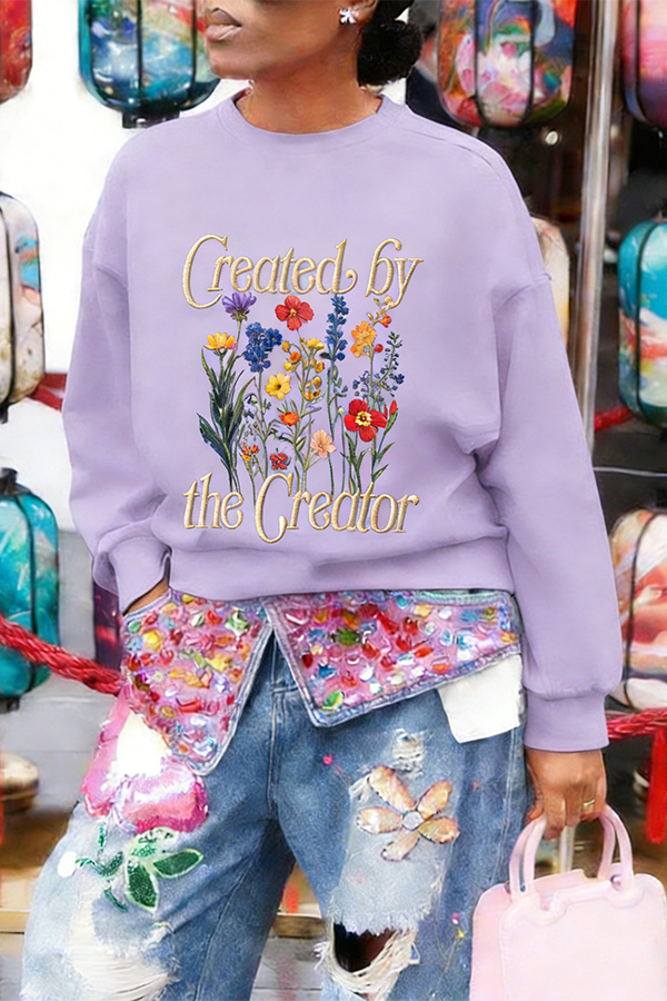 Stylish Floral Print Letter Embroidery Sweatshirt