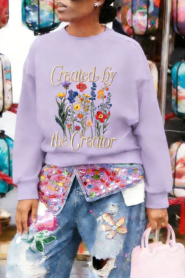 Stylish Floral Print Letter Embroidery Sweatshirt