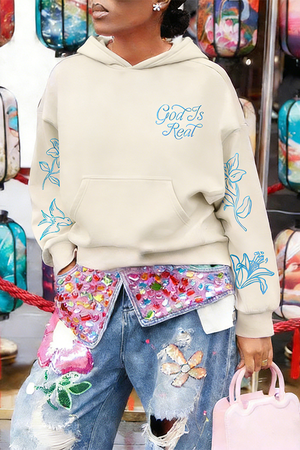 Stylish Floral Print Letter Embroidery Hoodie