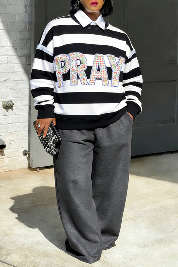 Casual Alphabet Floral Appliques Striped Sweatshirt