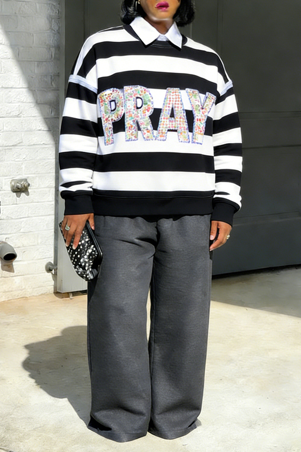 Casual Alphabet Floral Appliques Striped Sweatshirt