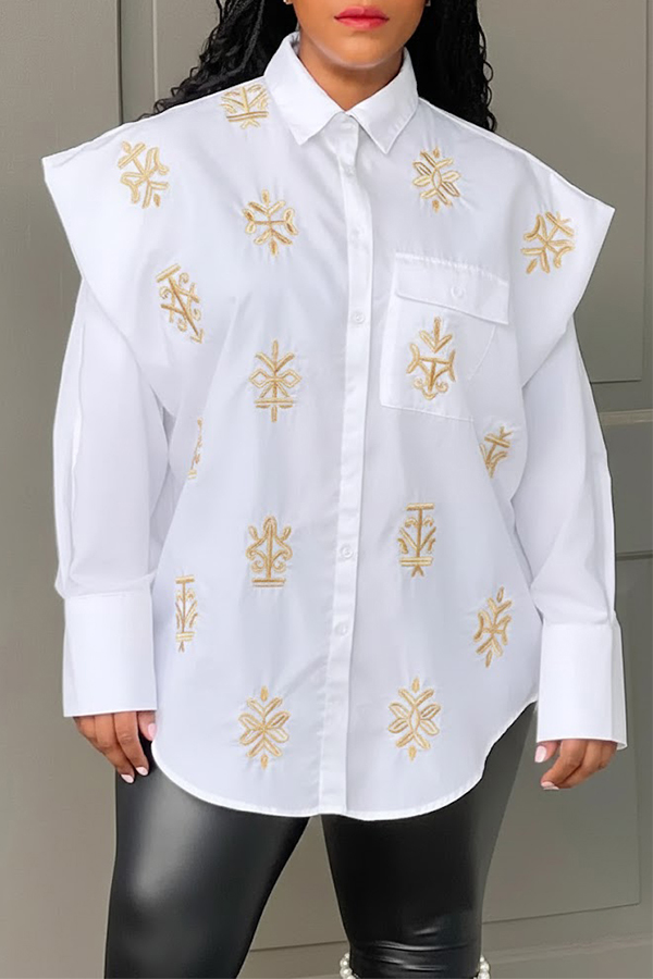 Black History Month Adinkra Embroidered Exaggerated Shoulder Shirt