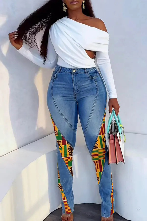 Stylish High Waist Symbol Print Patch Jeans