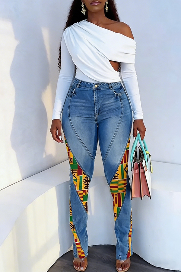 Stylish High Waist Symbol Print Patch Jeans