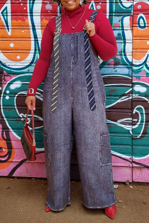 Stylish Long Tie Cargo Denim Jumpsuit