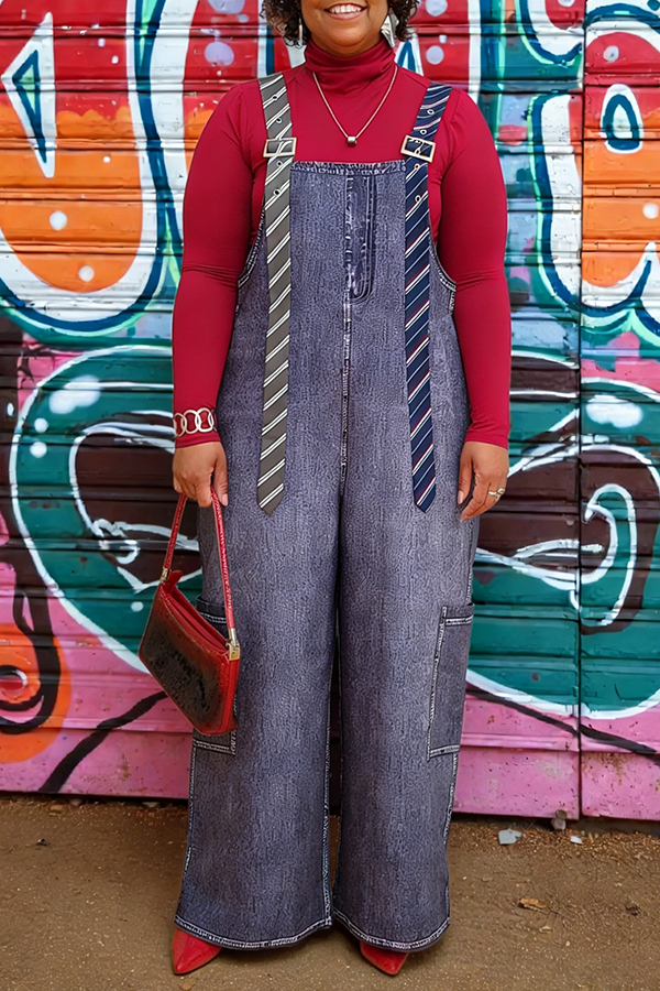 Stylish Long Tie Cargo Denim Jumpsuit
