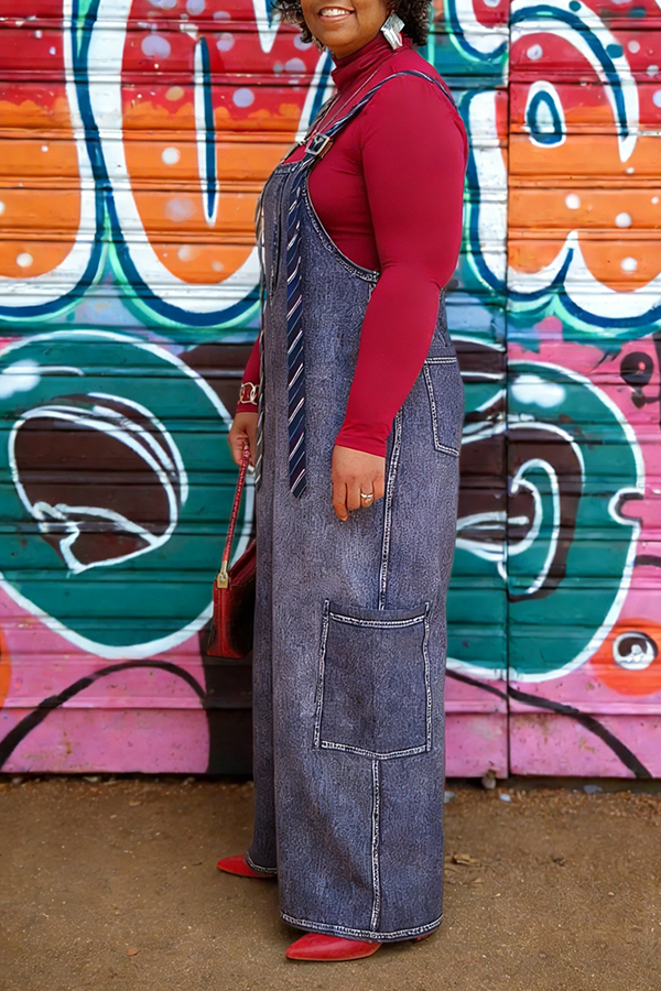 Stylish Long Tie Cargo Denim Jumpsuit