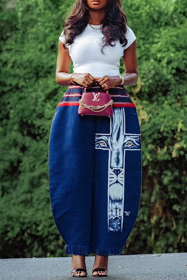 Stylish Hand-painted Striped Animal Cross-shaped Barrel Pants