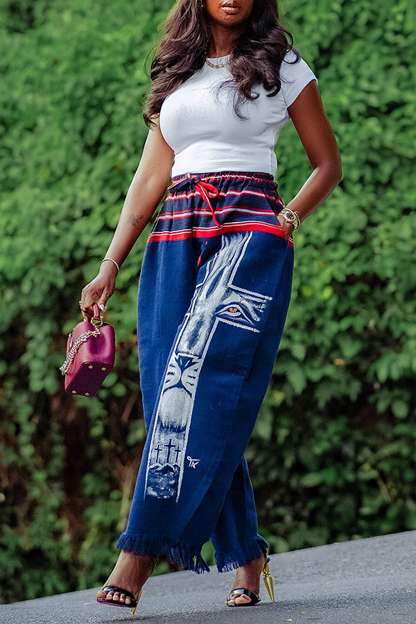 Stylish Hand-painted Striped Animal Cross-shaped Barrel Pants