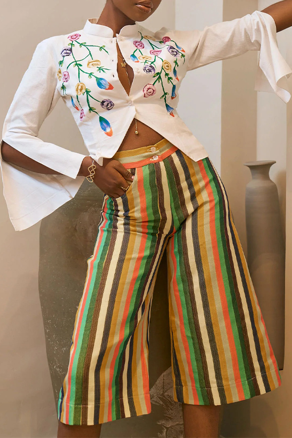 Stylish Bishop Collar Floral Shirt & Striped High Waist Pant Set