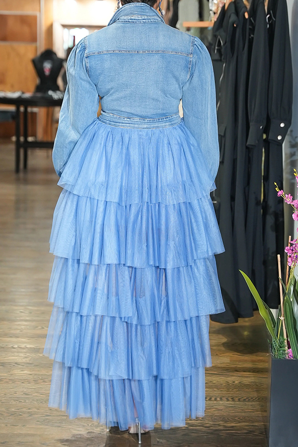 Stylish Mesh Patchwork Denim Dress