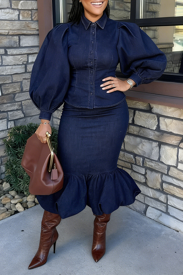 Chic Lantern Sleeve Denim Jacket & Skirt Set