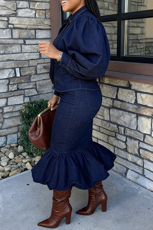 Chic Lantern Sleeve Denim Jacket & Skirt Set