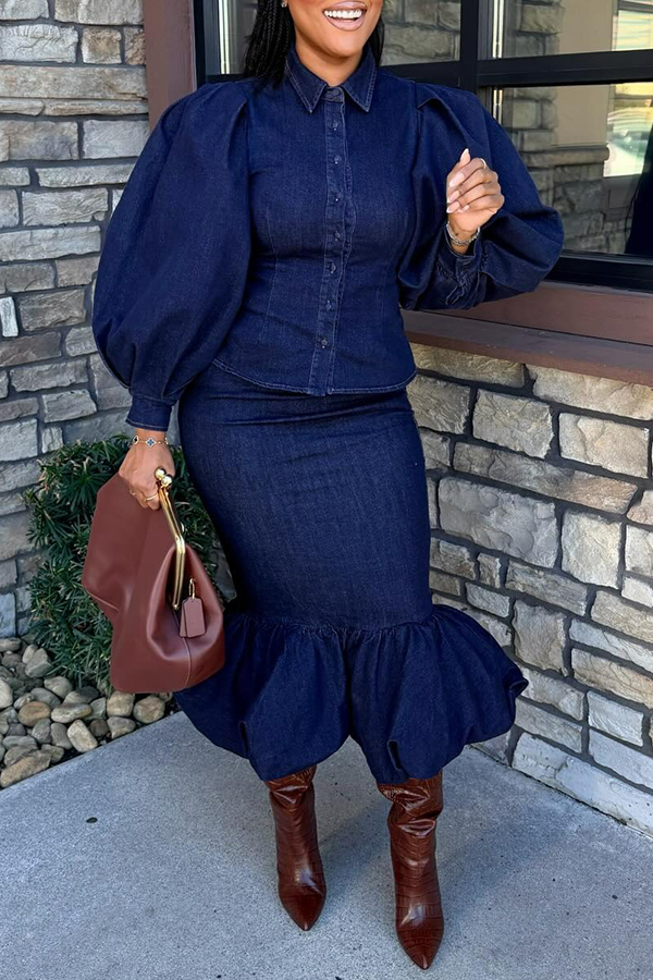 Chic Lantern Sleeve Denim Jacket & Skirt Set