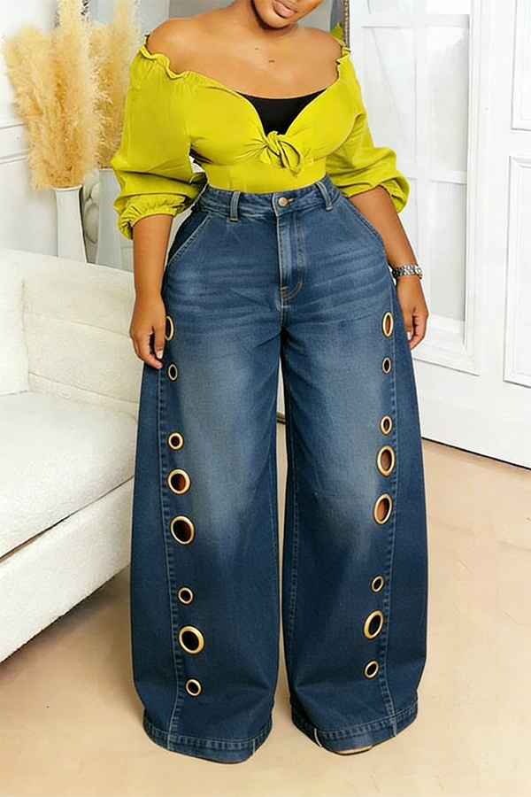 Stylish Hollow Out Metal Eyelet Pocket Wide Leg Jeans