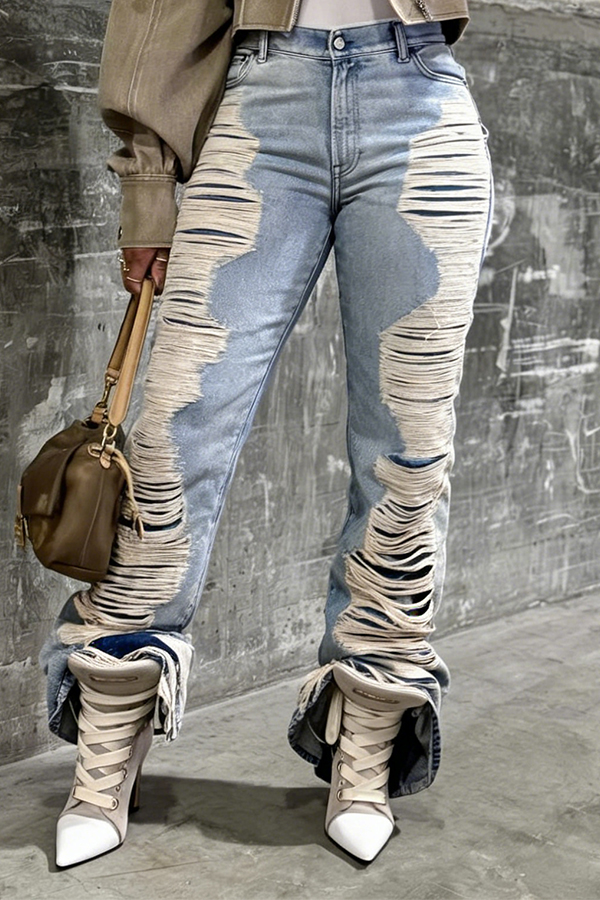Stylish High Waisted Ripped Straight Jeans