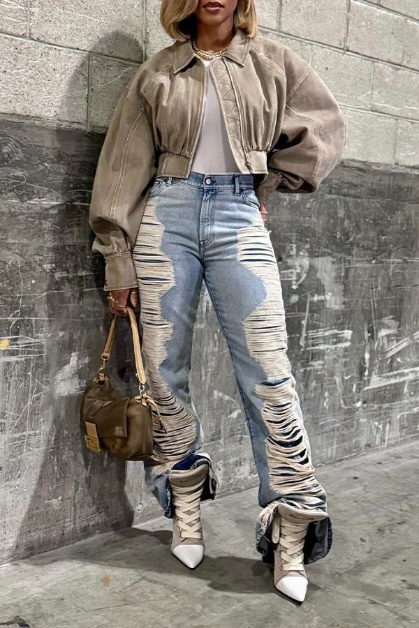 Stylish High Waisted Ripped Straight Jeans