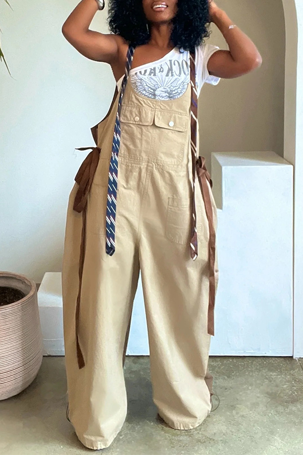 Loose Fit Adjustable Tie Suspenders Pockets Jumpsuit