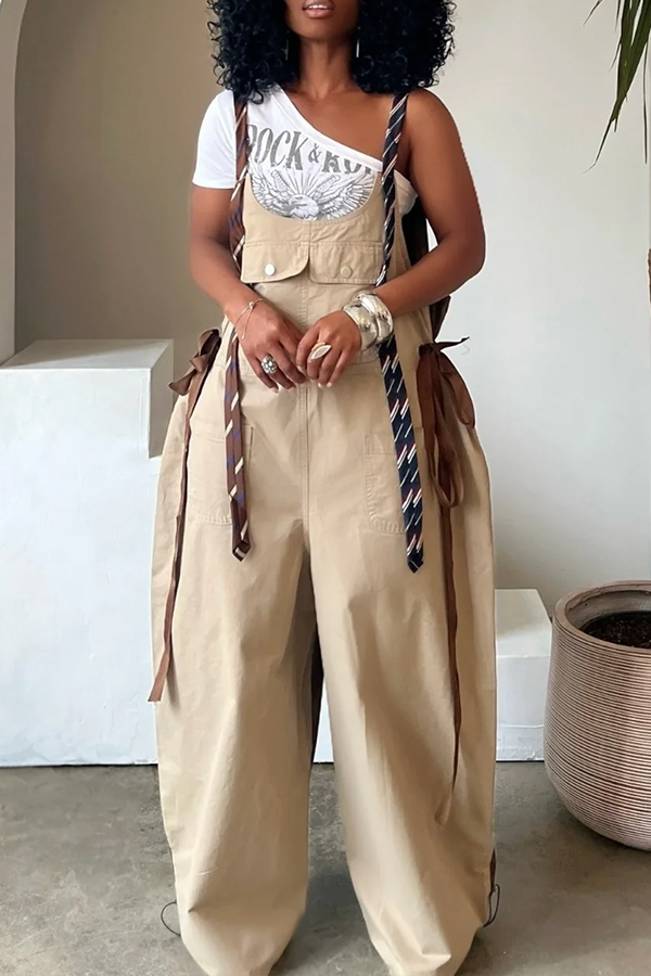 Loose Fit Adjustable Tie Suspenders Pockets Jumpsuit