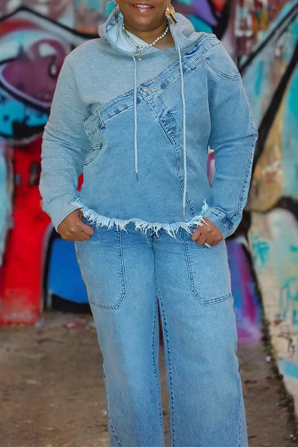 Retro Denim Patchwork Frayed Hoodie