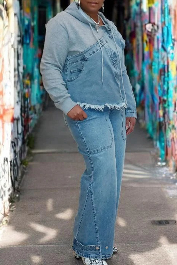 Retro Denim Patchwork Frayed Hoodie
