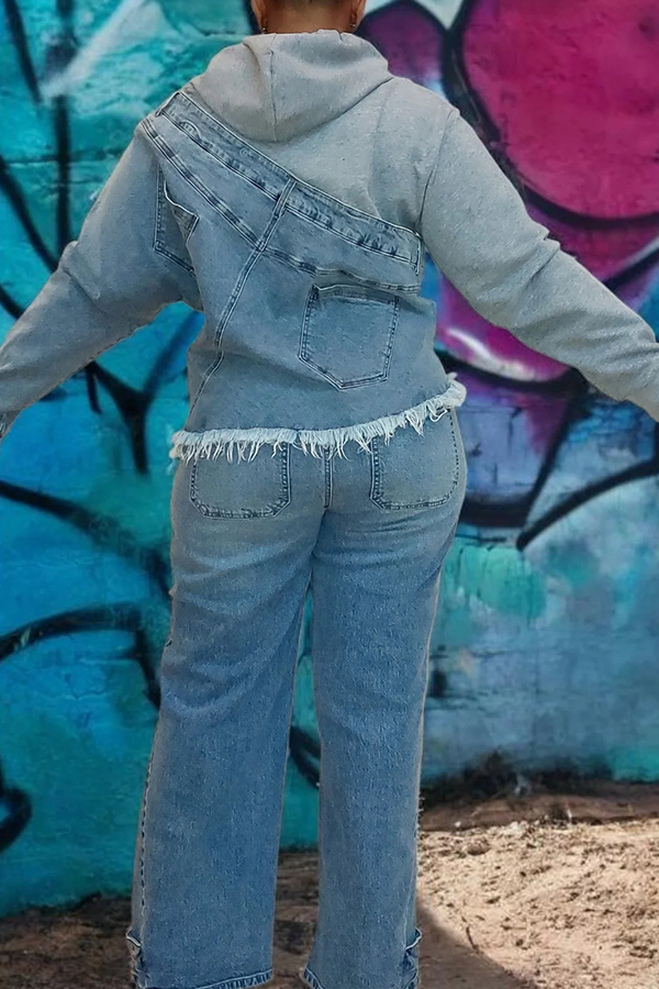 Retro Denim Patchwork Frayed Hoodie