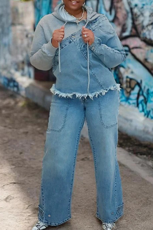 Retro Denim Patchwork Frayed Hoodie