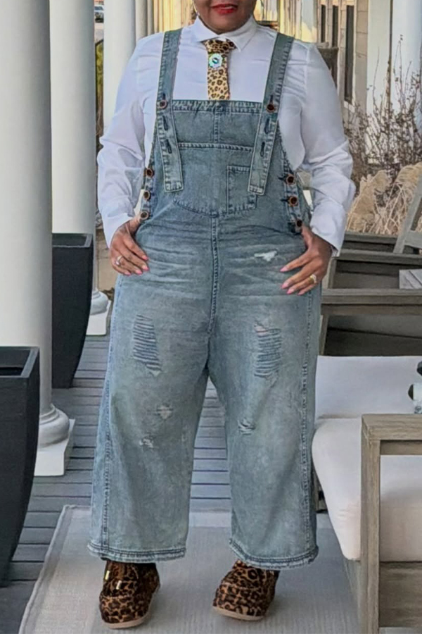 Stylish Ripped Wide Leg Denim Overalls
