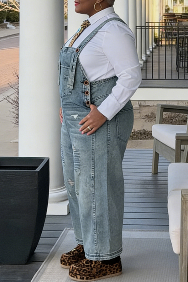 Stylish Ripped Wide Leg Denim Overalls