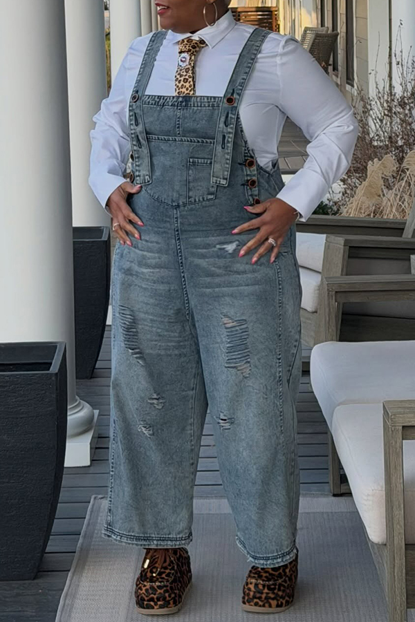 Stylish Ripped Wide Leg Denim Overalls