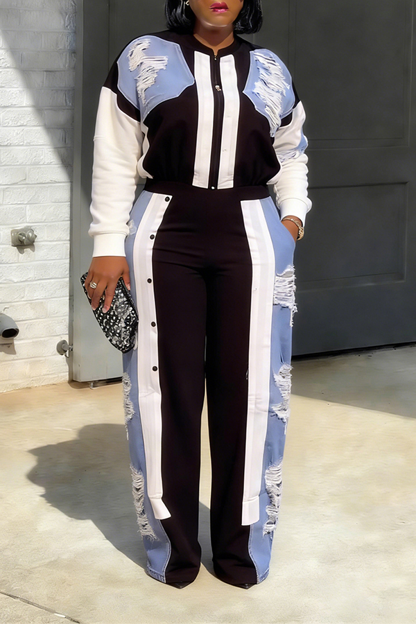Stylish Ripped Denim Patchwork Tracksuit