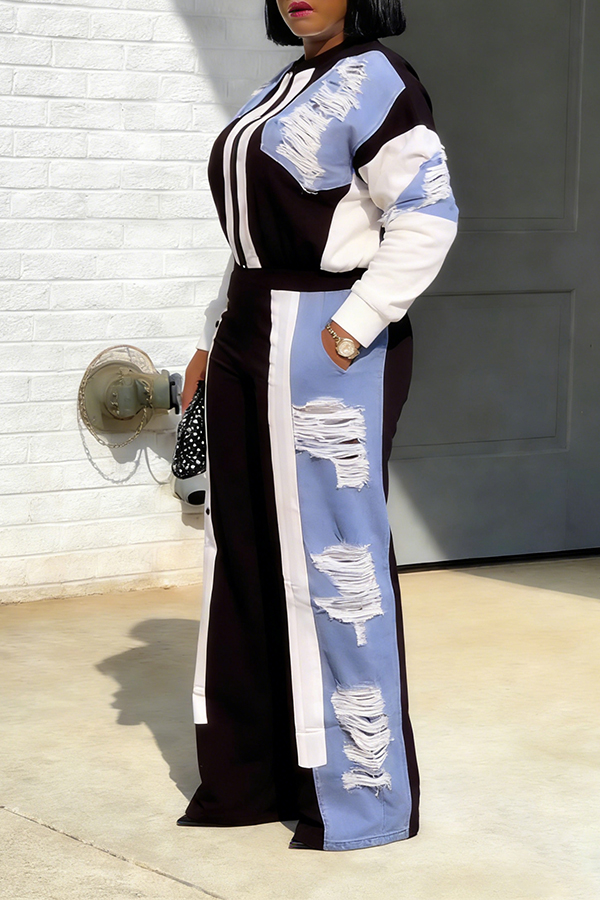 Stylish Ripped Denim Patchwork Tracksuit