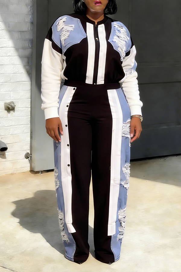 Stylish Ripped Denim Patchwork Tracksuit