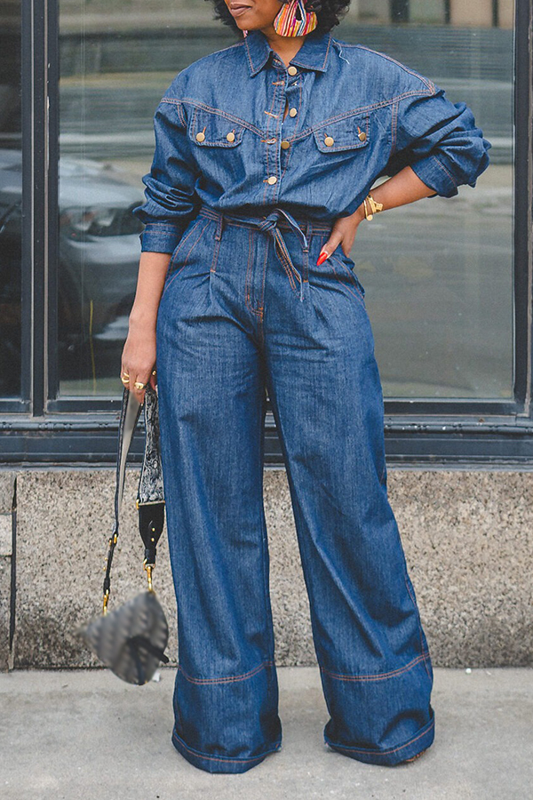 Stylish Stitched Wide-leg Denim Jumpsuit